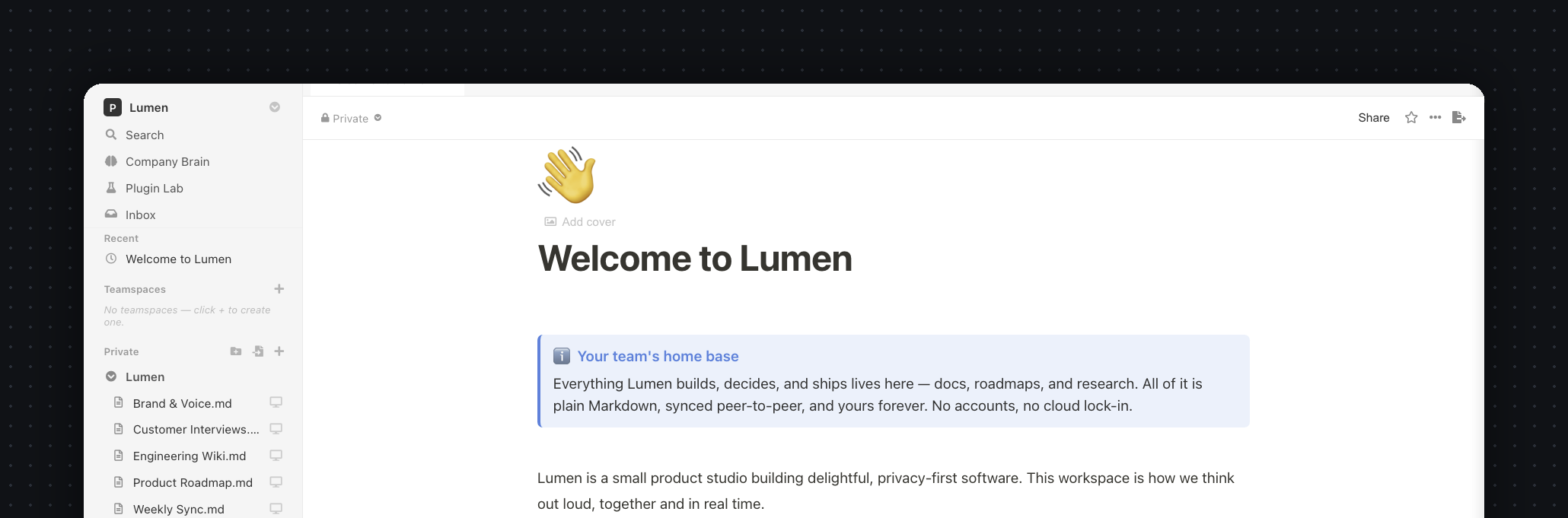 The Paperus desktop app: a sidebar of Markdown notes beside a clean page titled “Welcome to Lumen” with a callout and a checklist.