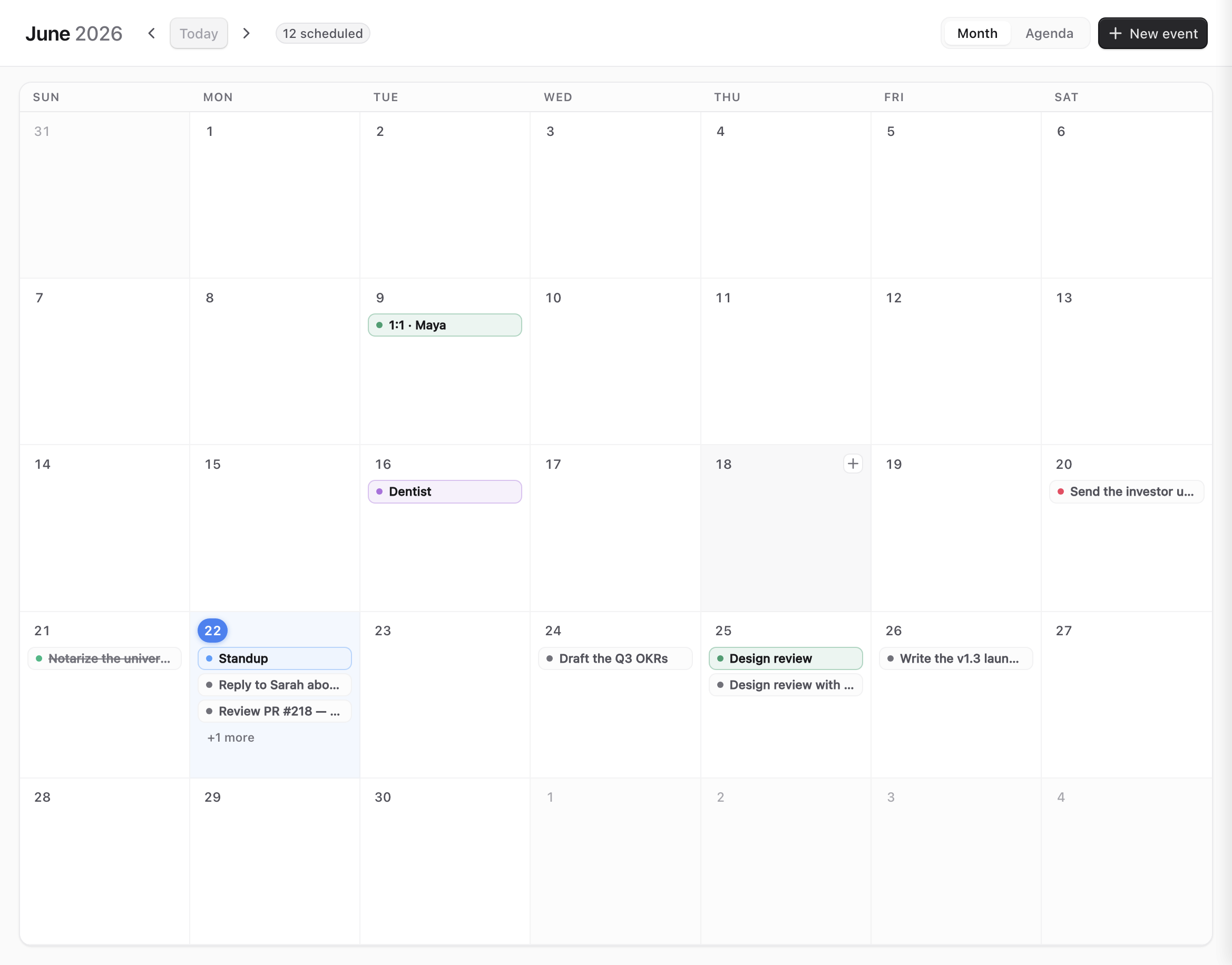 Paperus calendar: a June 2026 month view with colour-coded CalDAV events alongside note-derived task due dates, today highlighted, with Month and Agenda views.