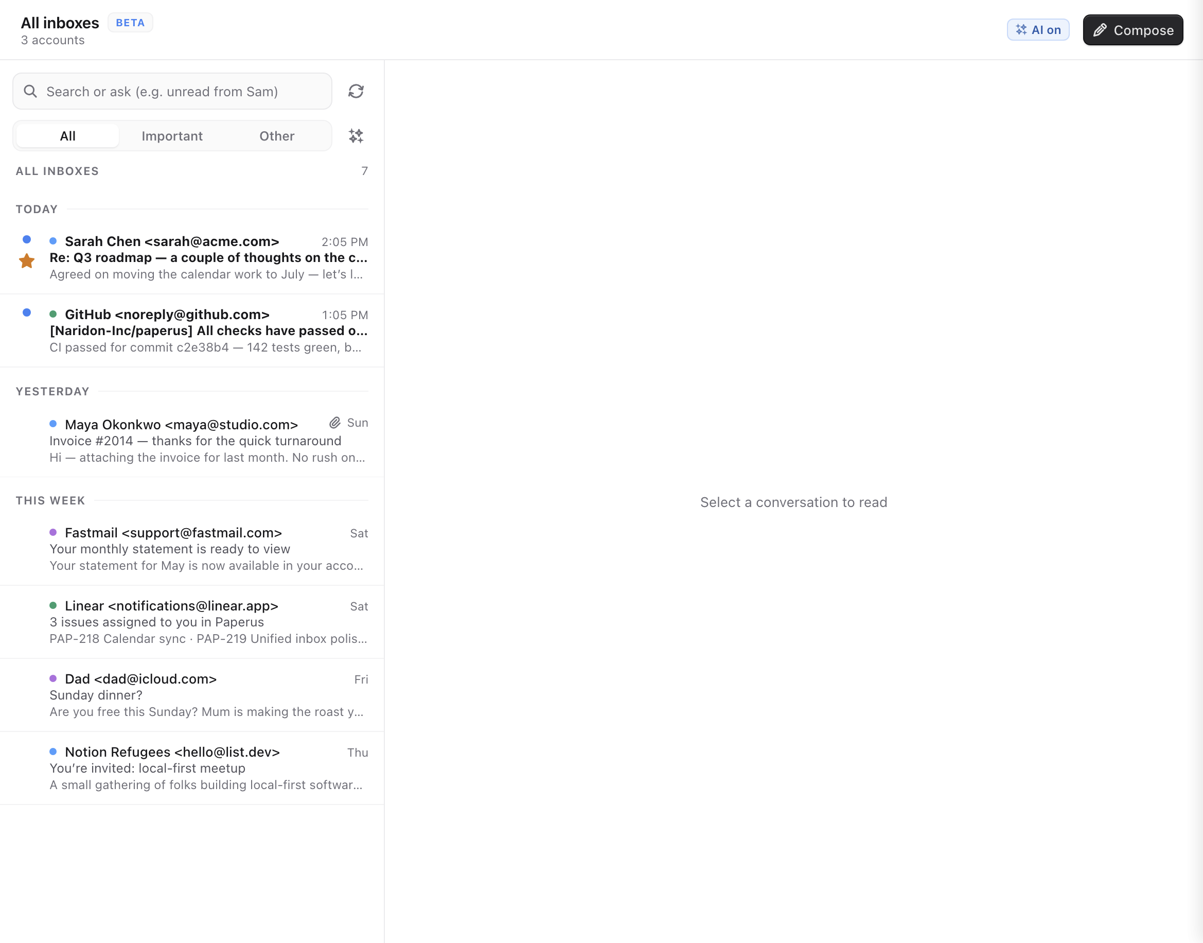 Paperus mail: a unified ‘All inboxes’ across three accounts, newest first, each message tagged by its account colour, with an AI assist toggle and Compose — reading pane on the right.