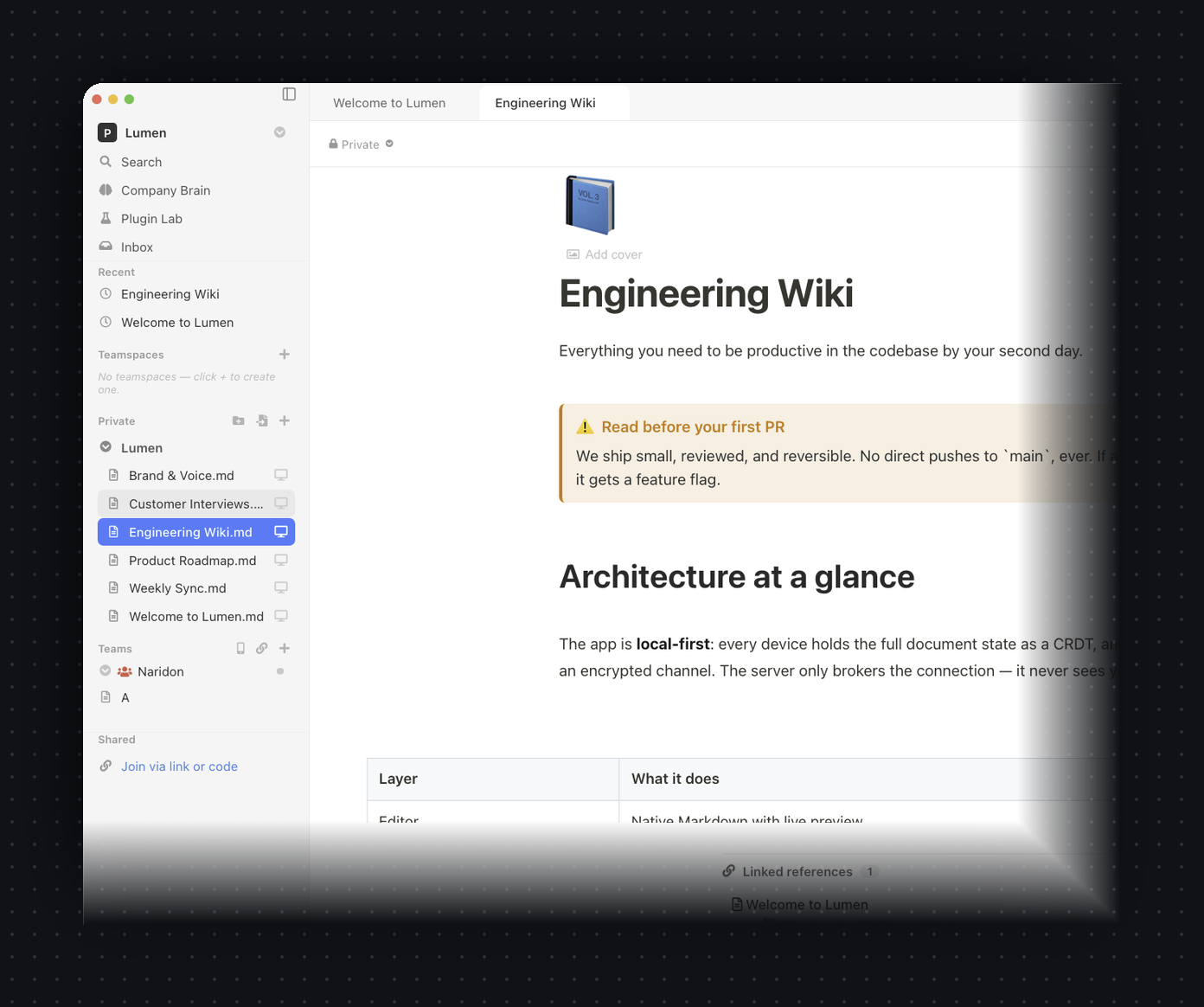 The Paperus app with the sidebar of notes on the left and an “Engineering Wiki” page open — a page icon, big title, a warning callout, an “Architecture at a glance” heading and a table — all rendered like a document.