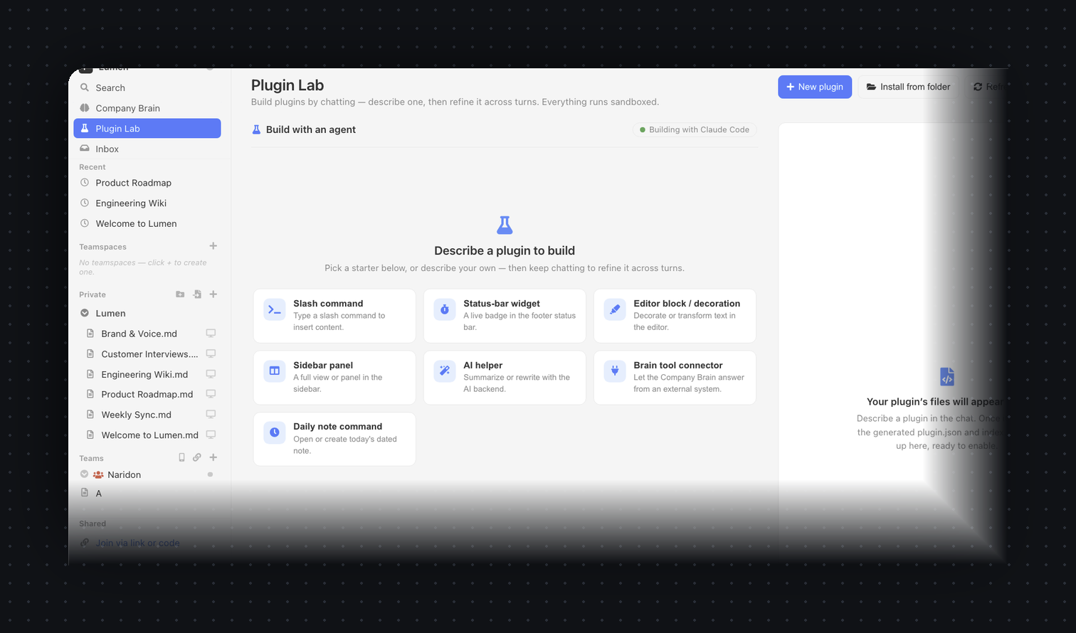 The Plugin Lab with the sidebar visible: “Build with an agent — Building with Claude Code,” and starter cards for a slash command, status-bar widget, editor block, sidebar panel, AI helper and Brain tool connector.