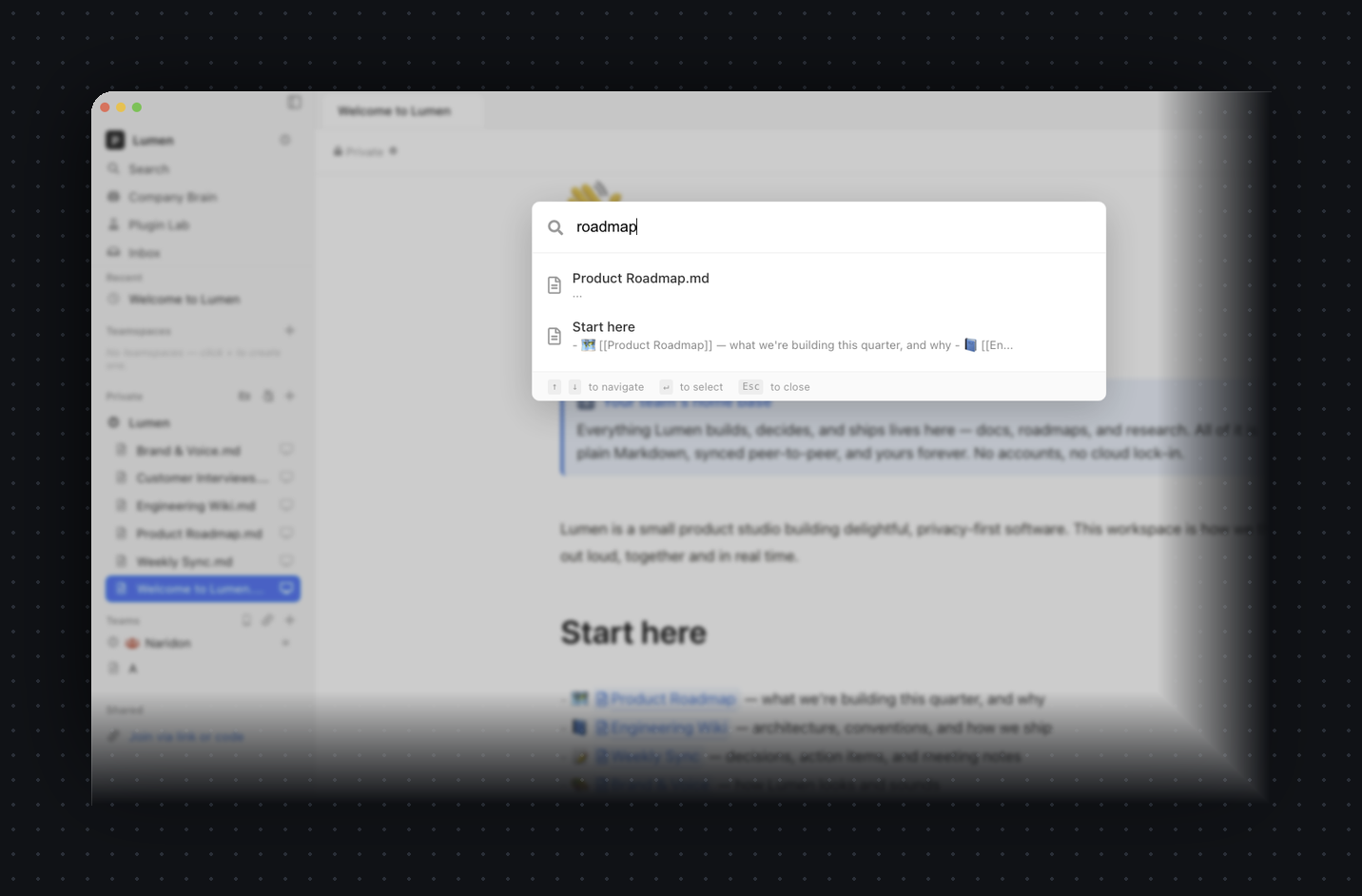 Quick-find open over the workspace: a search box with “roadmap” typed, instantly matching Product Roadmap.md, with the sidebar of notes visible behind it.